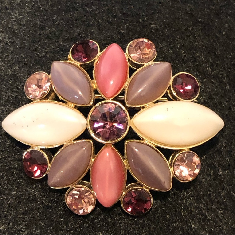 Vintage Liz Claiborne Signed Brooch Pin Pink Purple Violet White Stones